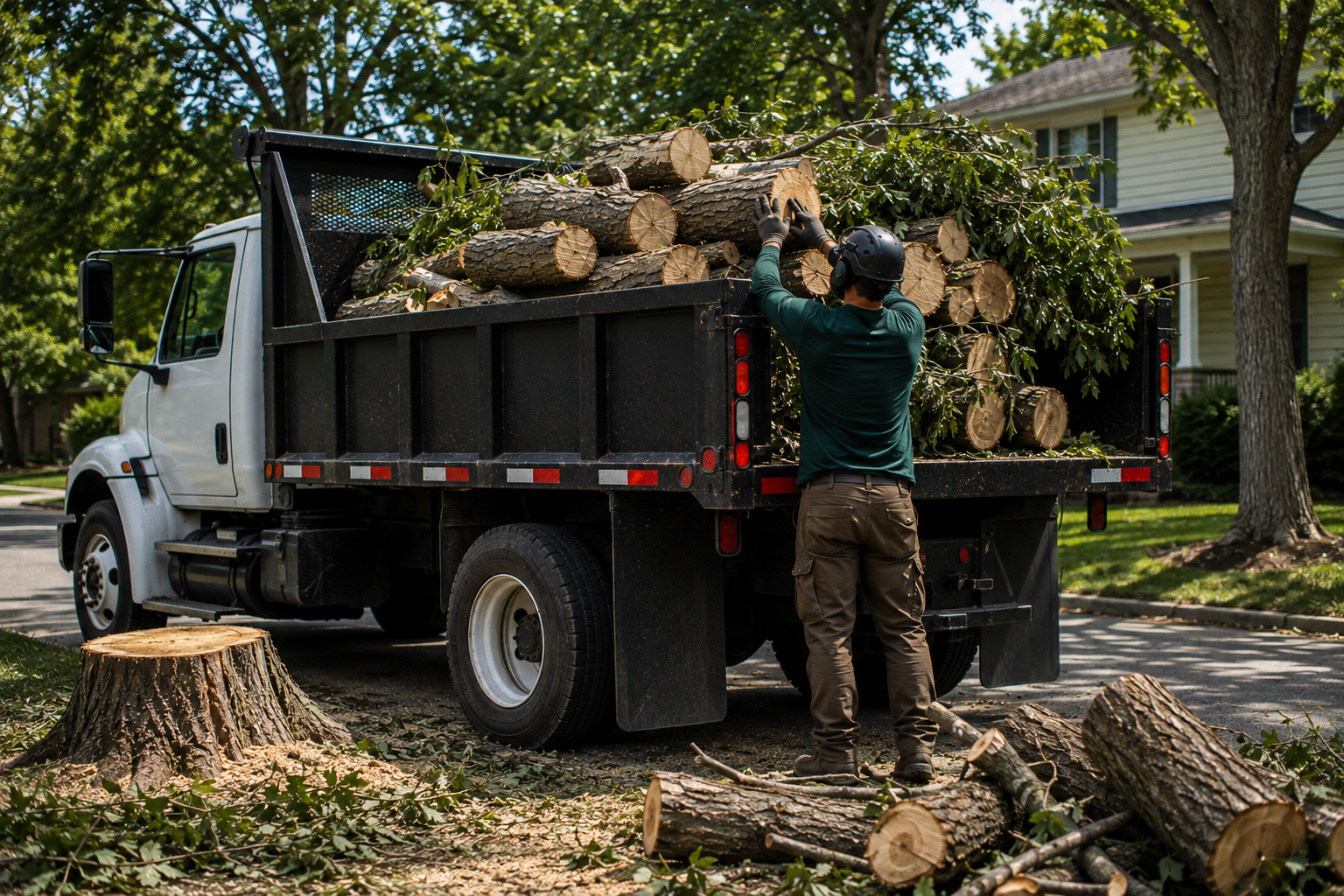 Emergency tree removal — storm-damaged tree cleared from yard
